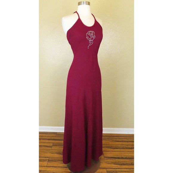 Vintage 70s Maroon Burgundy Red Rhinestone Rose Halter Prom Party Maxi Dress XXS - Picture 8 of 12